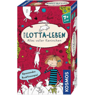 Bright red kids' game box for 'Lotta-Leben' with white rabbits and a girl; Kosmos brand and 'Spannendes Reaktionsspiel' note visible on the cover