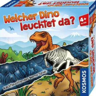 Box for a dinosaur memory game: 'Welcher Dino leuchtet da?' with a glowing T-Rex skeleton illustration under a torn cover