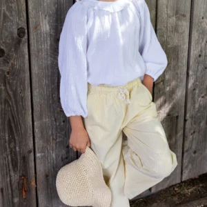 Weite Sommerhose mit Paperbagbund (weiß gelb) – Bild 2