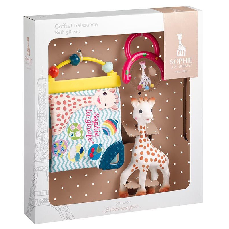 Geschenkset zur Geburt mit 1 Sophie la girafe +1 Entdeckerbuch + 1 Kugelrassel Geschenk Set zur Geburt mit Sophie la girafe, Entdeckerbuch & Kugelrassel – Bild 1