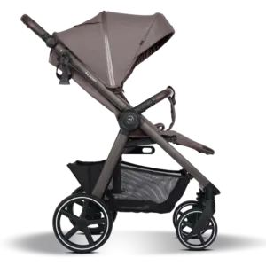 Brown baby stroller shown from the side with adjustable handle, canopy, and a lower storage basket.