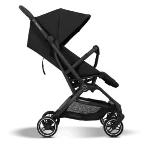 Side view of a black baby stroller with canopy, yellow wheels, and a storage basket underneath.