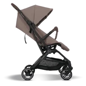 Light brown compact baby stroller with black frame, reclinable seat, and storage basket underneath.