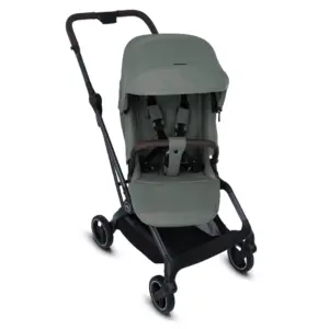 Olive green baby stroller with a five-point harness, expandable canopy, and black frame with caster wheels.