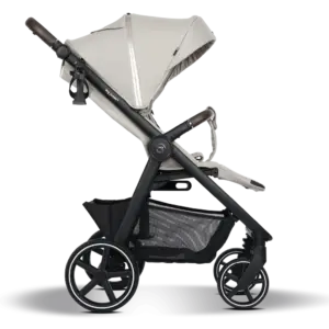 Black frame baby stroller with beige seating and large rear wheels, side profile view