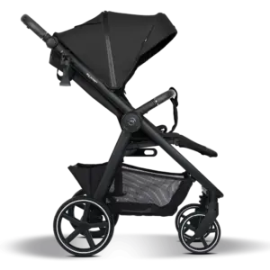 Black baby stroller with a canopy, handlebar, and mesh storage basket underneath, shown in profile. Recommends use for infants/toddlers.