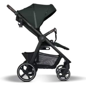 Dark green baby stroller with a black frame, large wheels, and a lower storage basket viewed from the side.