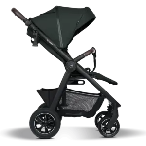 Side view of a dark green baby stroller with a canopy, brown handles, and a black frame, including a mesh storage basket underneath and four wheels
