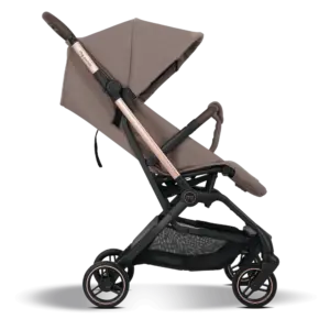 Stroller with brown fabric and copper frame, side view showing canopy and storage basket beneath the seat.