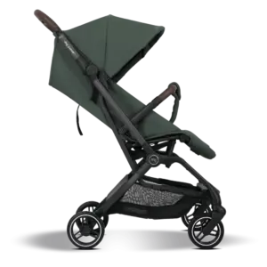 Side view of a green baby stroller with a large canopy, black frame, and storage basket beneath.