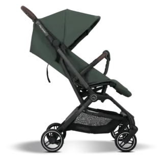 Side view of a green baby stroller with a large canopy, black frame, and storage basket beneath.