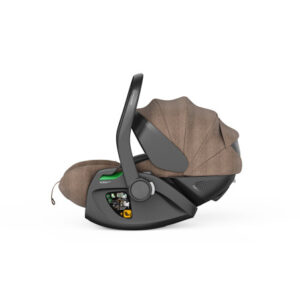 Infant car seat base with a gray frame and brown fabric carrycot, set on a white background