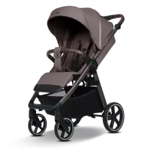 Brown-beige baby stroller with adjustable handle, sun canopy, and a lower storage basket under the seat.