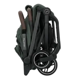 Folded green stroller with black frame and small wheels, compact for storage or travel
