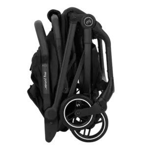 Folded black stroller with large white-rimmed wheels, compact frame, ready for storage or transport.