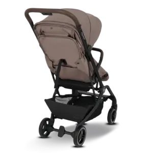 Taupe baby stroller with black frame, adjustable handle, and under-seat storage basket