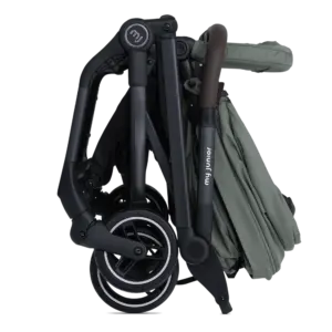 Compact folded stroller in black frame with olive fabric, ready for storage or transport, showing wheels and frame handles clearly.
