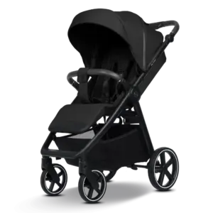 All-black baby stroller with a large canopy, padded seat and safety harness, four wheels, and a lower storage basket