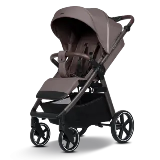 Brown/taupe baby stroller with a large canopy and padded harness, shown from the side.