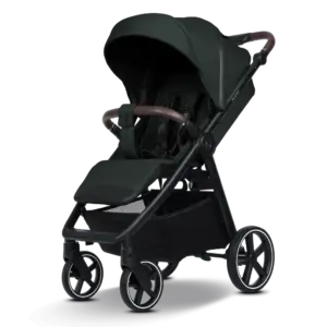 Dark green baby stroller with a brown padded handle and a bassinet-style seat, standing on a black frame with a storage basket underneath.