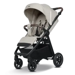 Beige baby stroller with sun canopy, padded seat, and a lower storage basket under the frame.