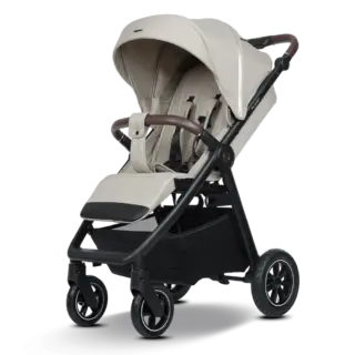 Beige baby stroller with sun canopy, padded seat, and a lower storage basket under the frame.