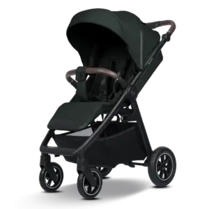 Side view of a dark green four-wheel baby stroller with a brown handlebar and sun canopy, showing the harnesses inside and a lower storage basket.