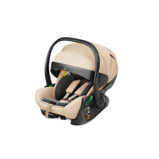 Beige infant car seat with a black carrying handle and padded interior, ready for use in a rear-facing installation.
