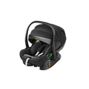 Black infant car seat with a curved carrying handle and padded inserts, designed for newborns, in a sleek black finish with gray accents.