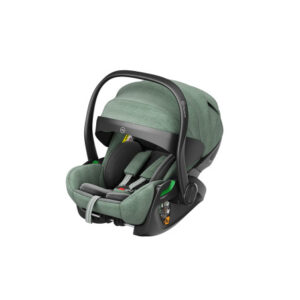 Green infant car seat with five-point harness and adjustable head support, carrying handle raised for carrying.