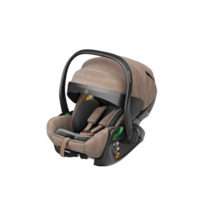 Infant car seat in beige fabric with ergonomic carry handle and padded head support, designed for rear-facing use.