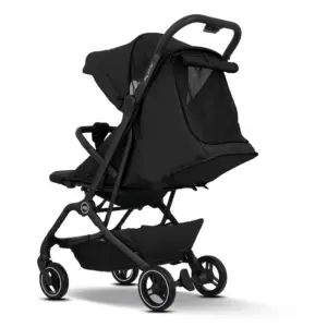 Black baby stroller with a large canopy and storage basket undercarriage.