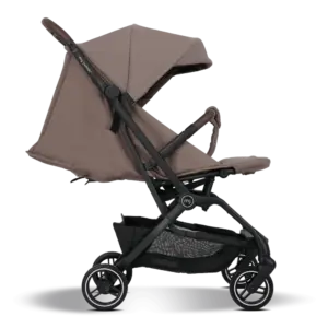 Brown fabric baby stroller shown in side view with black frame, adjustable handle, roomy seat, and under-seat storage basket.