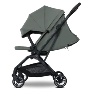 Olive-green baby stroller with black frame and canopy, shown from the side with four wheels and a storage basket underneath.