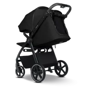 Black baby stroller with bassinet-style seat, padded canopy, and large wheels