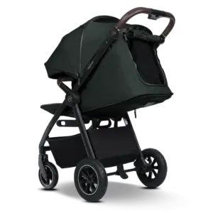 Dark green infant stroller with a bassinet-style seat, brown leather-style handle, and four large wheels on a black frame for newborn transport