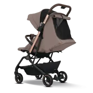 Taupe baby stroller with a black frame, peach accents, and a large canopy over a reclining seat, with a storage basket underneath.