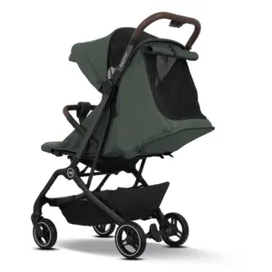 Olive green baby stroller with black frame, mesh window, and large undercarriage basket.