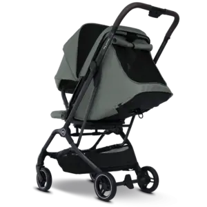 Gray-green lightweight baby stroller with black frame and large storage basket underneath, upright with handlebar grip.