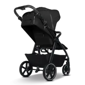 Black baby stroller with canopy and four wheels, viewed from a side angle