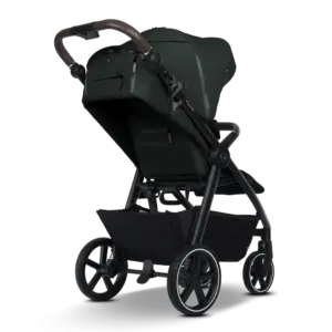 Dark green baby stroller with black frame and brown handlebar, angled view showing storage basket and wheels