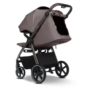 Pram-style baby stroller in taupe with a bassinet, curved brown handle, and chunky wheels.