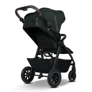 All-terrain baby stroller in dark green fabric with a black frame and large understorage basket, adjustable brown handlebar, and four wheels