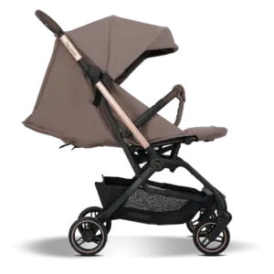 Side view of a brown baby stroller with a copper frame, canopy, and under-seat storage basket