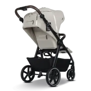 All-terrain baby stroller with cream seat and brown handlebar, black frame, and large storage basket underneath