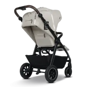 Beige baby stroller with black frame and large rear wheels, handlebar, and under-seat storage basket.