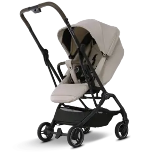 Beige baby stroller with padded seat, extended canopy, and black frame on four wheels