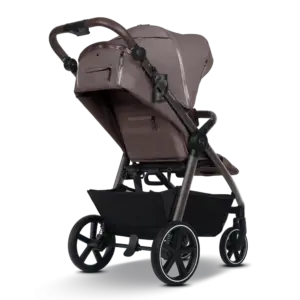 Brown baby stroller with a large under-seat storage basket and adjustable handlebar on a four-wheel chassis.