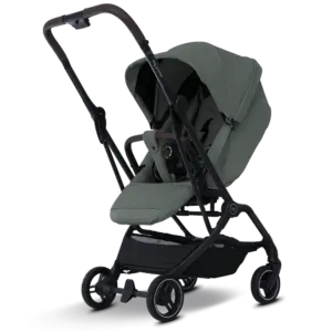 Green baby stroller with olive canopy and padded seat, black frame, and storage basket underneath
