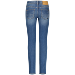 Back view of blue denim jeans showing two rear pockets and a tan leather brand patch on the waistband bay at the right side edge.